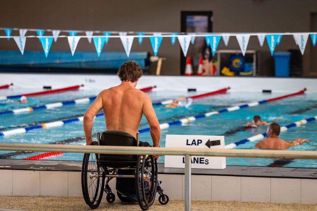 A man in a wheelchair at Margaret River Recreation Centre aquatics centre