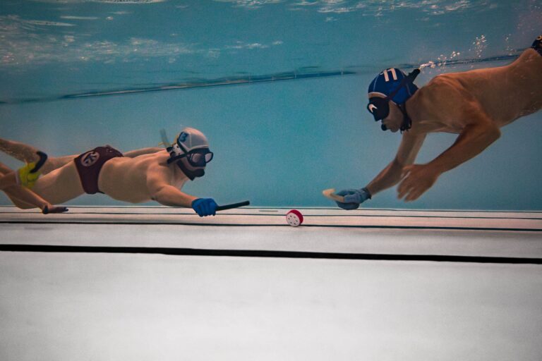 The underwater hockey team playing at Margaret River Recreation Centre swimming pool.
