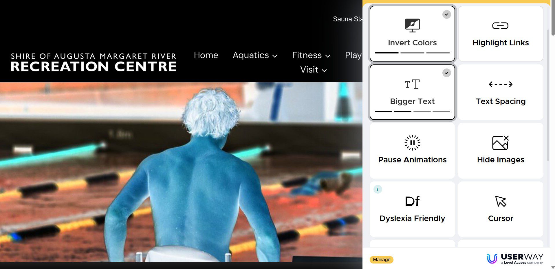 The website with high contrast and large text settings.